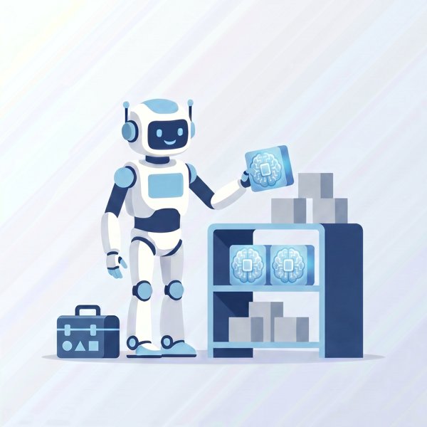 Robot replacing external model blocks with its own internal blocks on a shelf