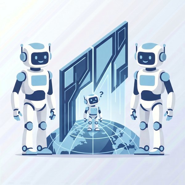 Two robots on opposite sides of a globe with a barrier rising, a smaller robot in the middle looking uncertain