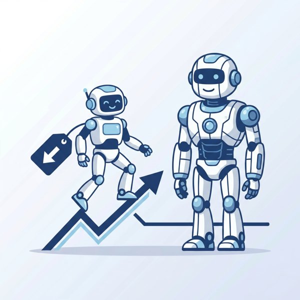 Small cheap robot on a rising chart beside a larger expensive robot on a flat line