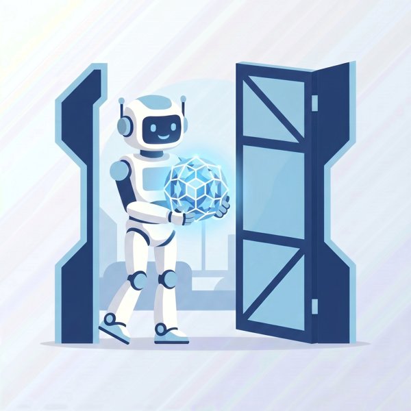 Robot stepping through an opening gate holding a glowing model core