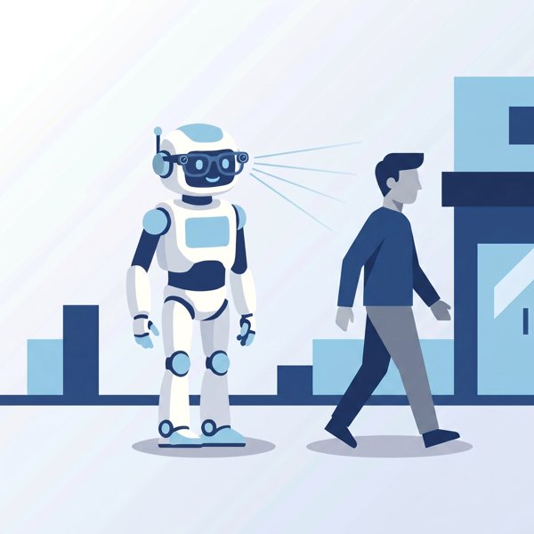 Robot wearing glasses with camera lenses recording a person walking by unaware