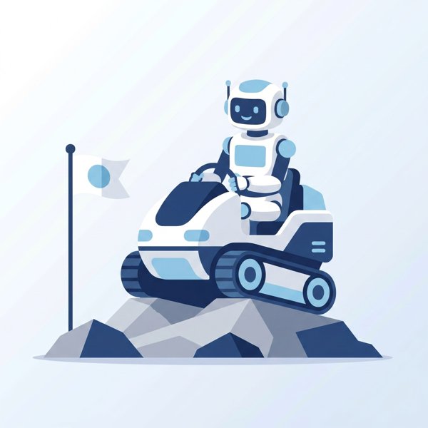 Robot driving a small autonomous vehicle across terrain with a flag