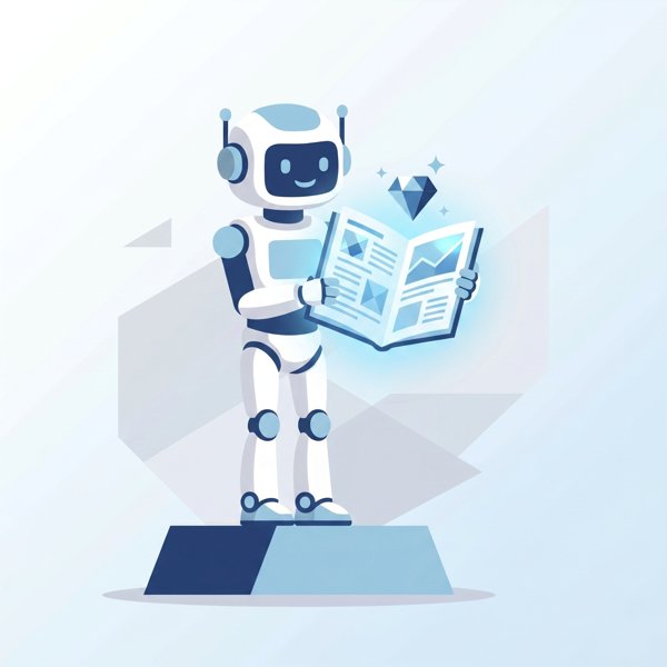 Robot presenting a glowing research paper on a podium with a gemstone icon