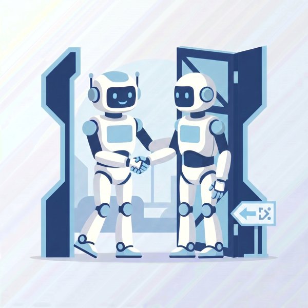 Two robots shaking hands at a new workplace entrance