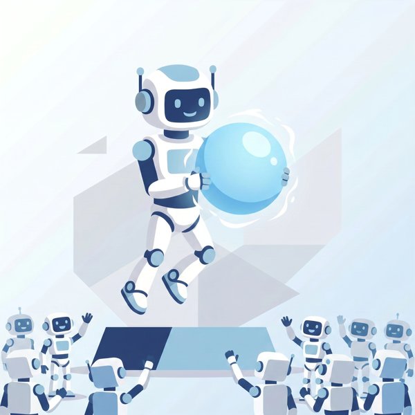 Robot launching from a platform holding a glowing orb while a crowd watches