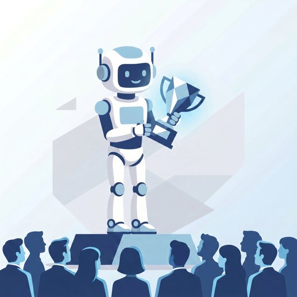Robot on a podium holding a trophy above human silhouettes