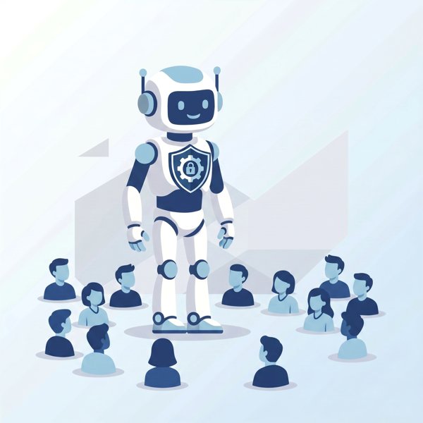 Robot with an open-source badge growing larger as user icons gather around