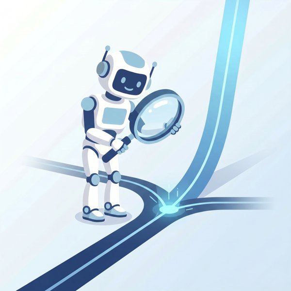 Robot examining a forking path with a magnifying glass