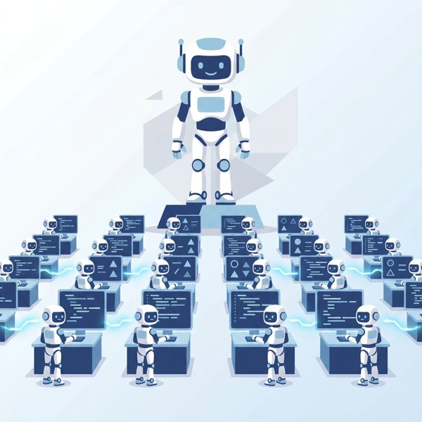 Robot overseeing many smaller robots rewriting code in an assembly line