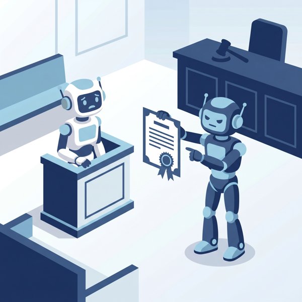 Robot in a courtroom confronted by another robot holding a sealed document