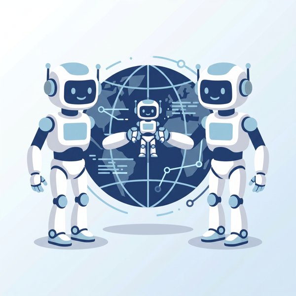 Two robots exchanging ownership of a smaller robot across a globe