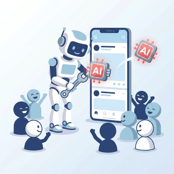 Robot removing a feature from a social media app while users look relieved