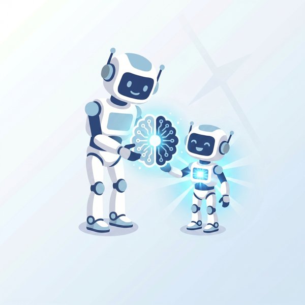 Large robot handing a smaller robot a glowing brain core