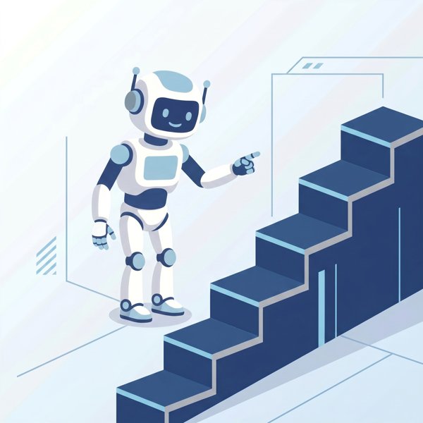 Robot pointing at ascending steps of different sizes