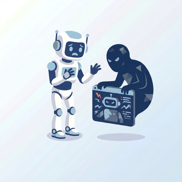 Robot looking alarmed as a shadowy figure uses a chatbot for malicious purposes