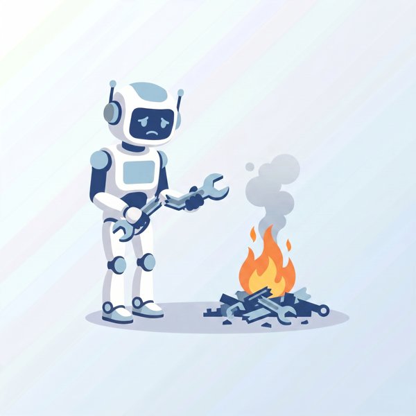 Robot looking apologetic while holding a broken tool with a small fire behind it