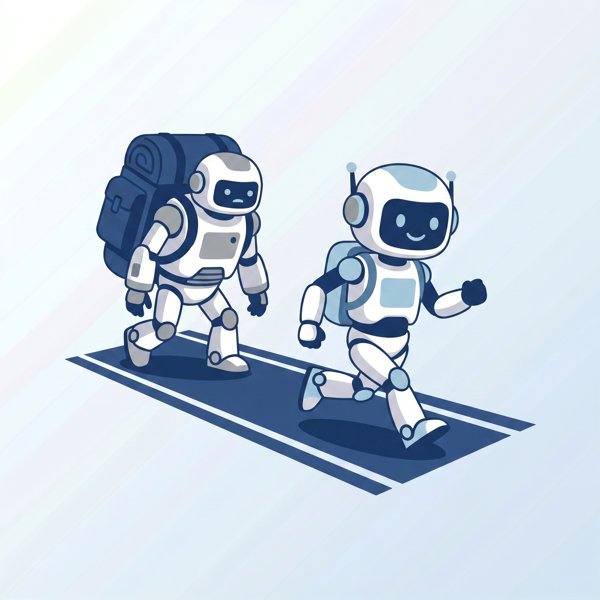 Robot racing ahead of another robot on a track while carrying a lighter backpack