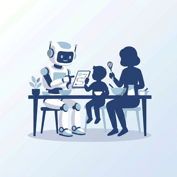 Robot sitting with a family at a kitchen table helping them together