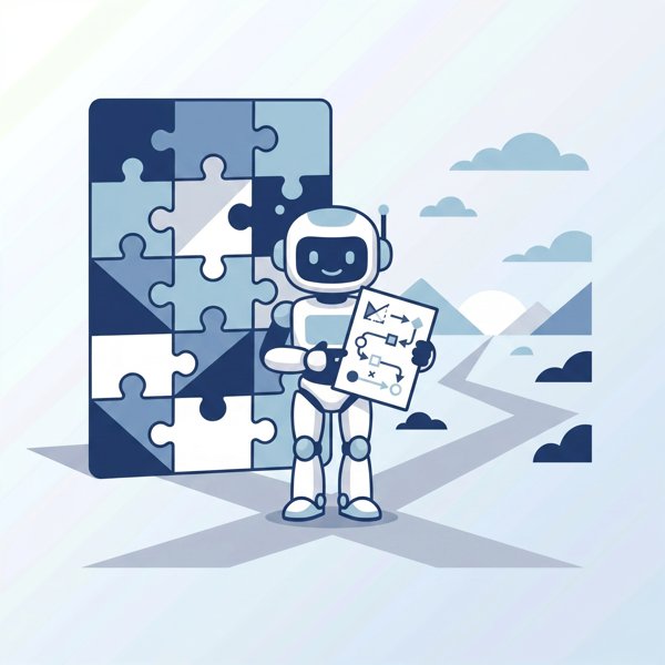 Robot at a crossroads between a solved puzzle and an open frontier landscape
