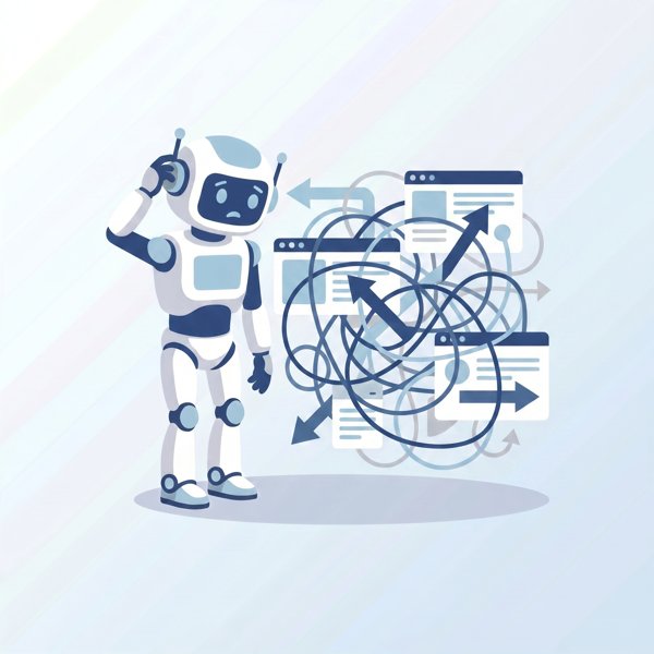 Robot looking confused at tangled overlapping interface panels