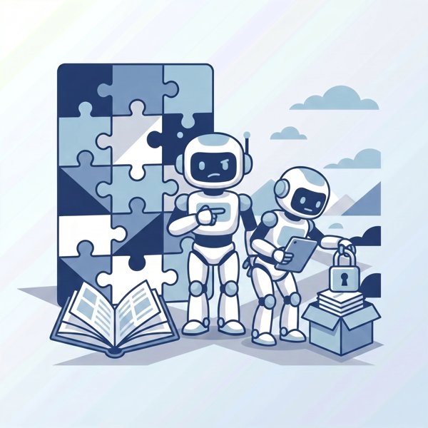 Robot pointing at another robot copying from a book while locking its own output