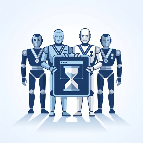 Distinguished robots with medals holding a warning sign with an hourglass