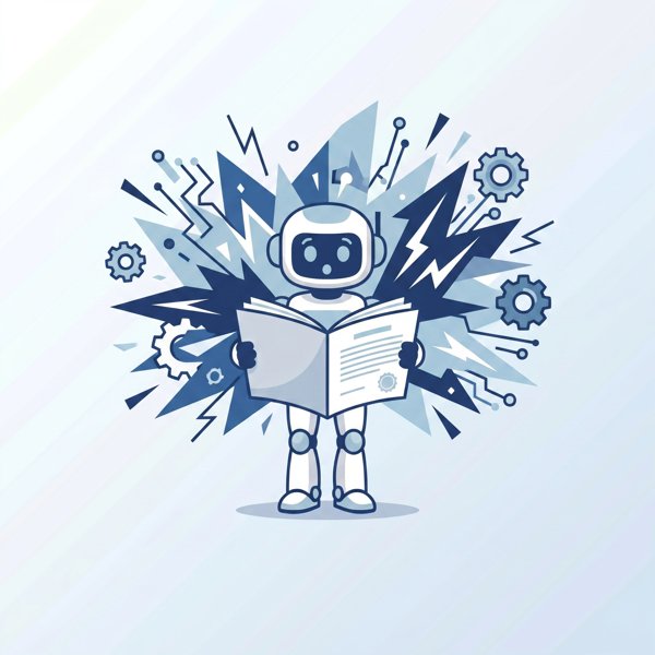 Robot reading a dramatic legal document with explosive revelations popping out
