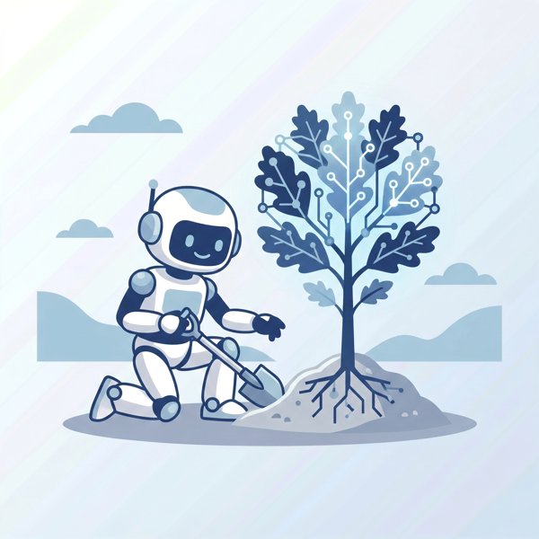 Wise robot planting an oak tree sapling that grows into a learning agent