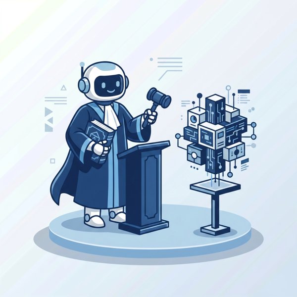 Robot in a judge's robe holding a gavel with a frontier AI model on trial
