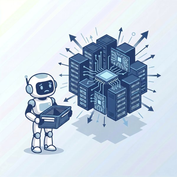 Robot with empty wallet looking at a rapidly growing compute cluster demanding more resources