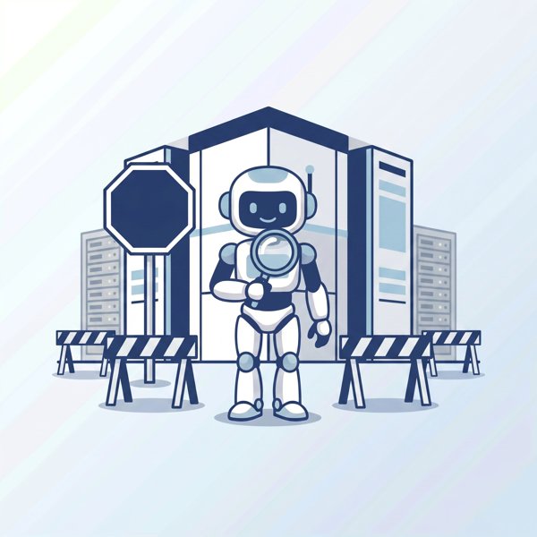 Robot in front of a data center with a stop sign and construction barriers