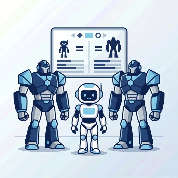 Small robot standing confidently next to much larger robots performing equally on a scoreboard