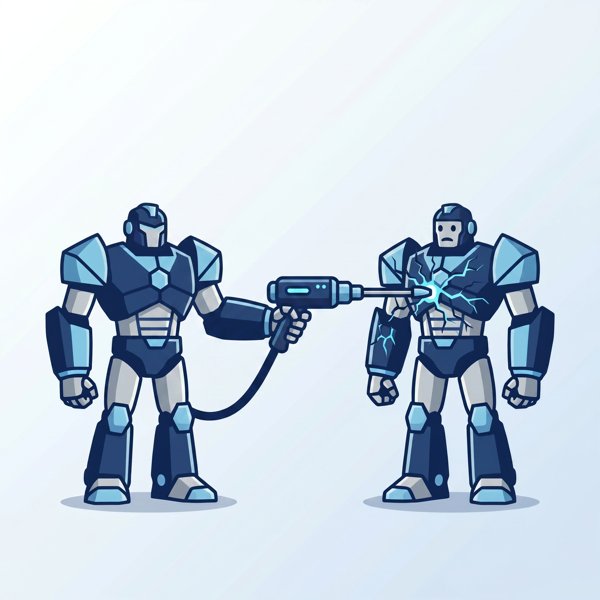 Robot attacking another identical robot with a probe finding cracks in its armor