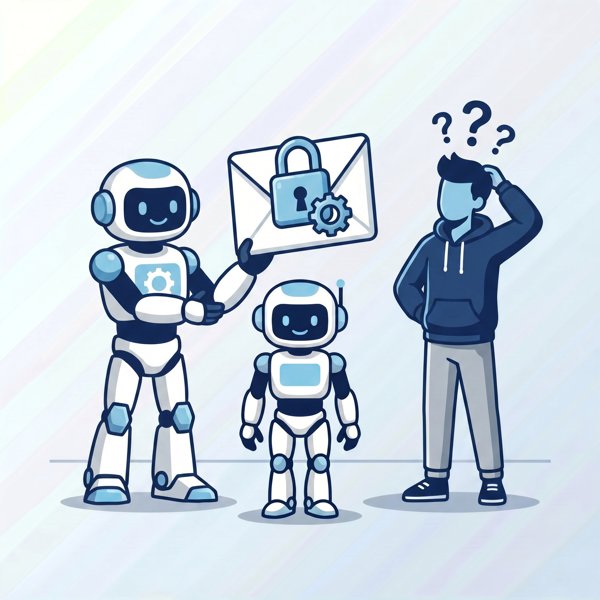 Two robots passing an encrypted envelope while a developer looks on unable to read it
