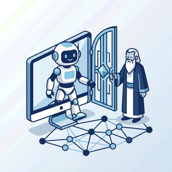 Robot stepping out of a computer screen onto a network of connected nodes with an elder figure opening the gate