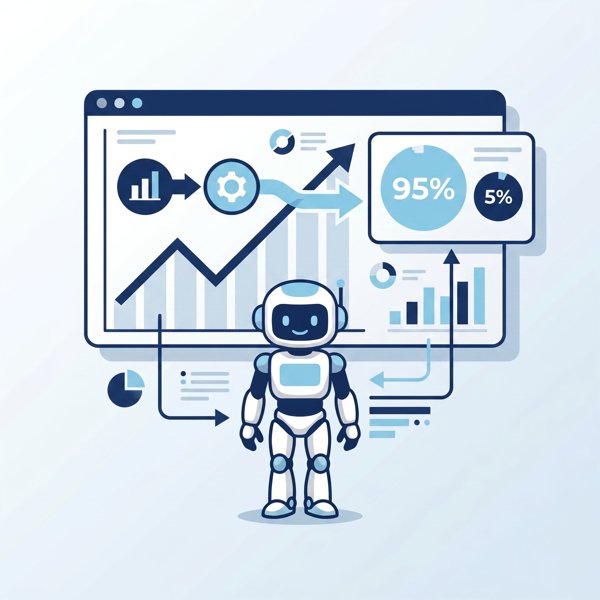 Robot analyzing a financial chart with merger arrows and probability outputs