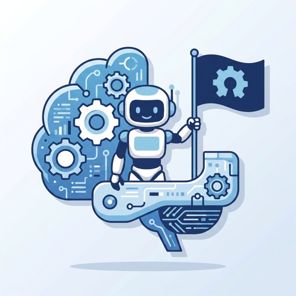 Robot emerging from a thinking machine holding an open-source flag