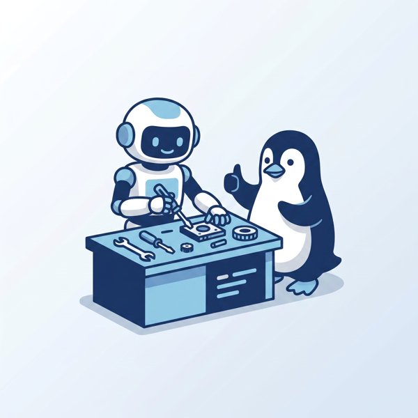 Robot working alongside a penguin at a workbench with the penguin giving a thumbs up