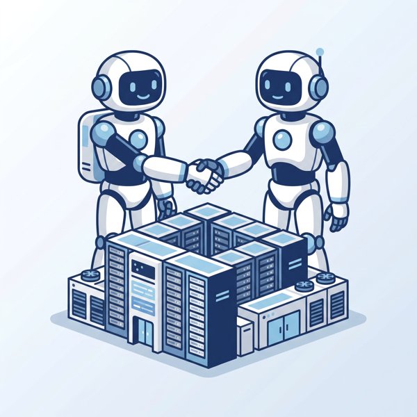 Two large robots shaking hands over a massive data center