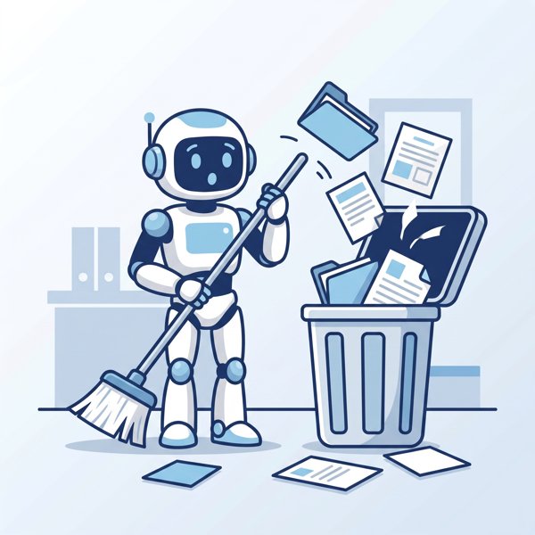 Robot accidentally sweeping files into a trash bin while looking surprised