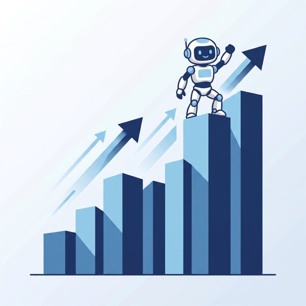 Robot standing on top of a rapidly growing bar chart