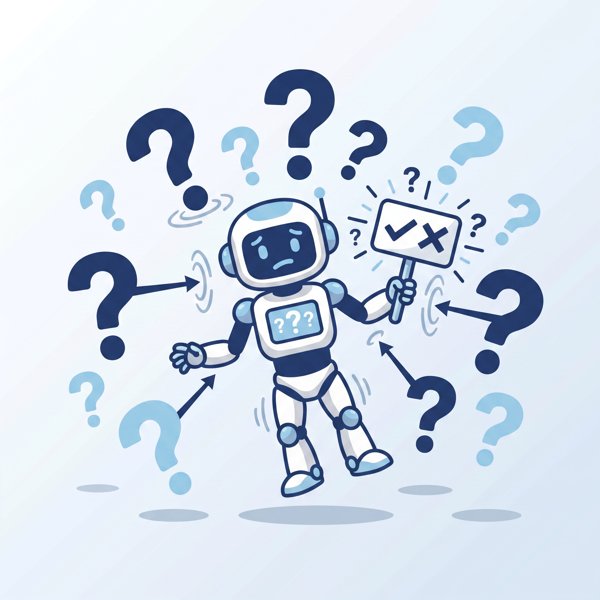 Robot surrounded by question marks flipping its answer sign back and forth