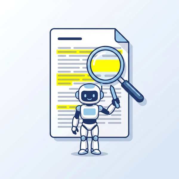 Robot holding a magnifying glass over a document with highlighted phrases