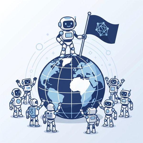 Robot planting a flag on a globe with smaller robots from different regions gathering