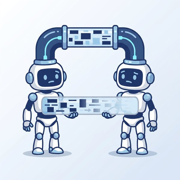 Two robots communicating through a pipe that loses information while a direct connection preserves more