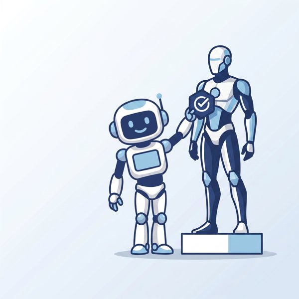 Robot placing a permanent badge on a premium model previously marked as temporary