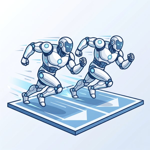 Two large robots racing each other on a track