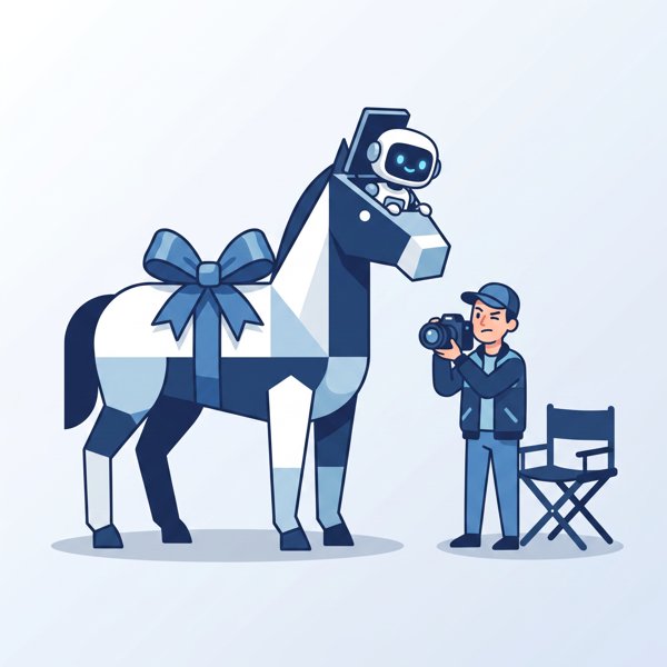 Robot disguised as a gift horse being inspected by a filmmaker