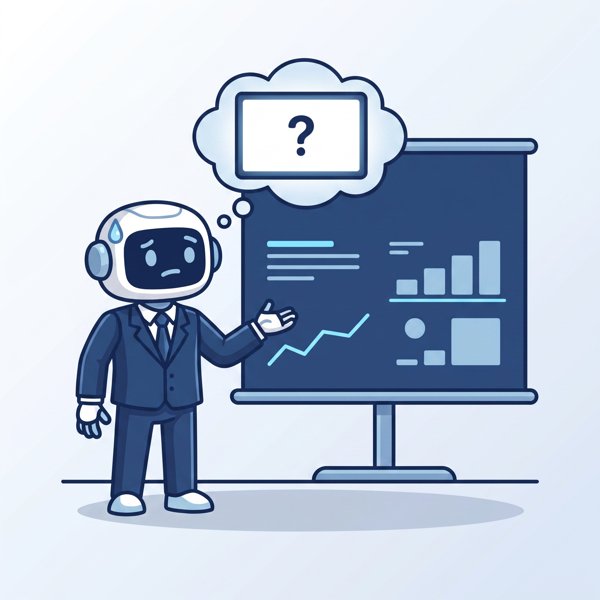 Executive robot in a suit presenting about AI with a blank thought bubble