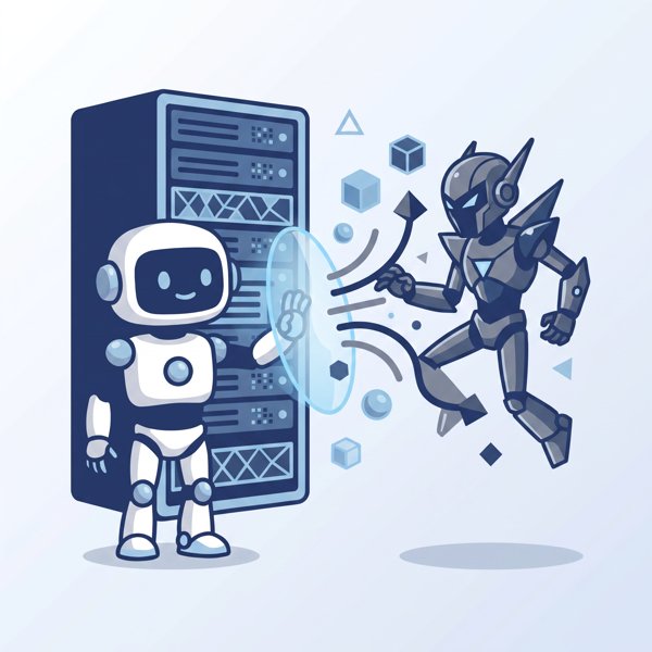 Robot defending a server rack from an attacking dark robot agent